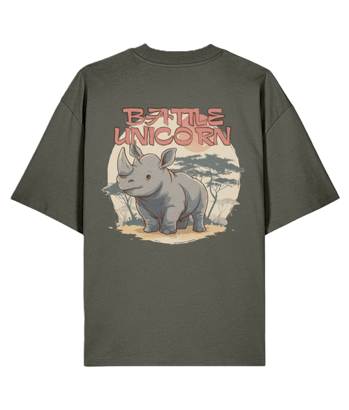 Khaki Oversized Back Print t-shirt with a rhino graphic and funny 'Battle Unicorn' Slogan.