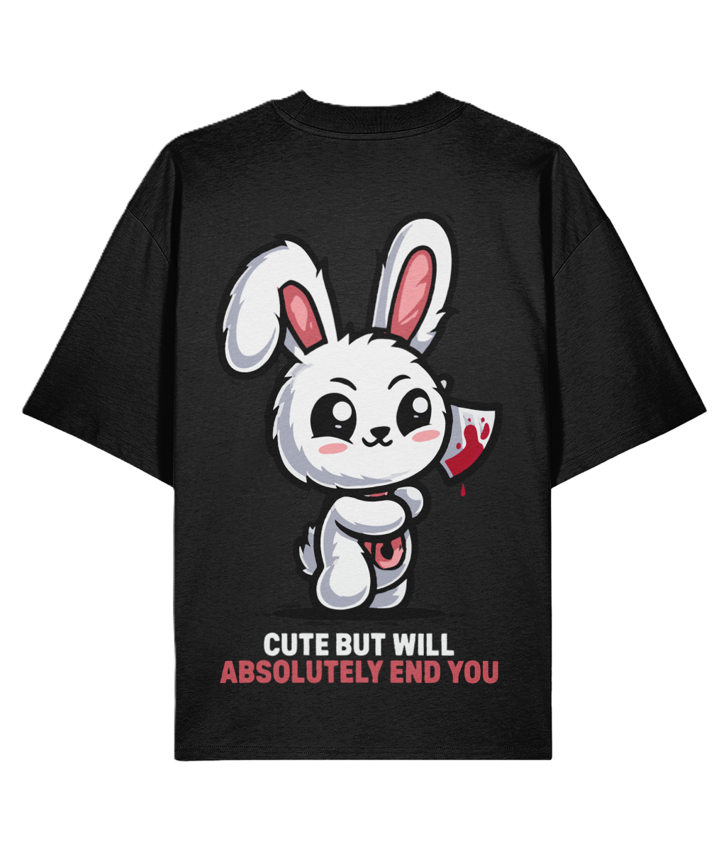 Black graphic t-shirt with a cartoon rabbit design