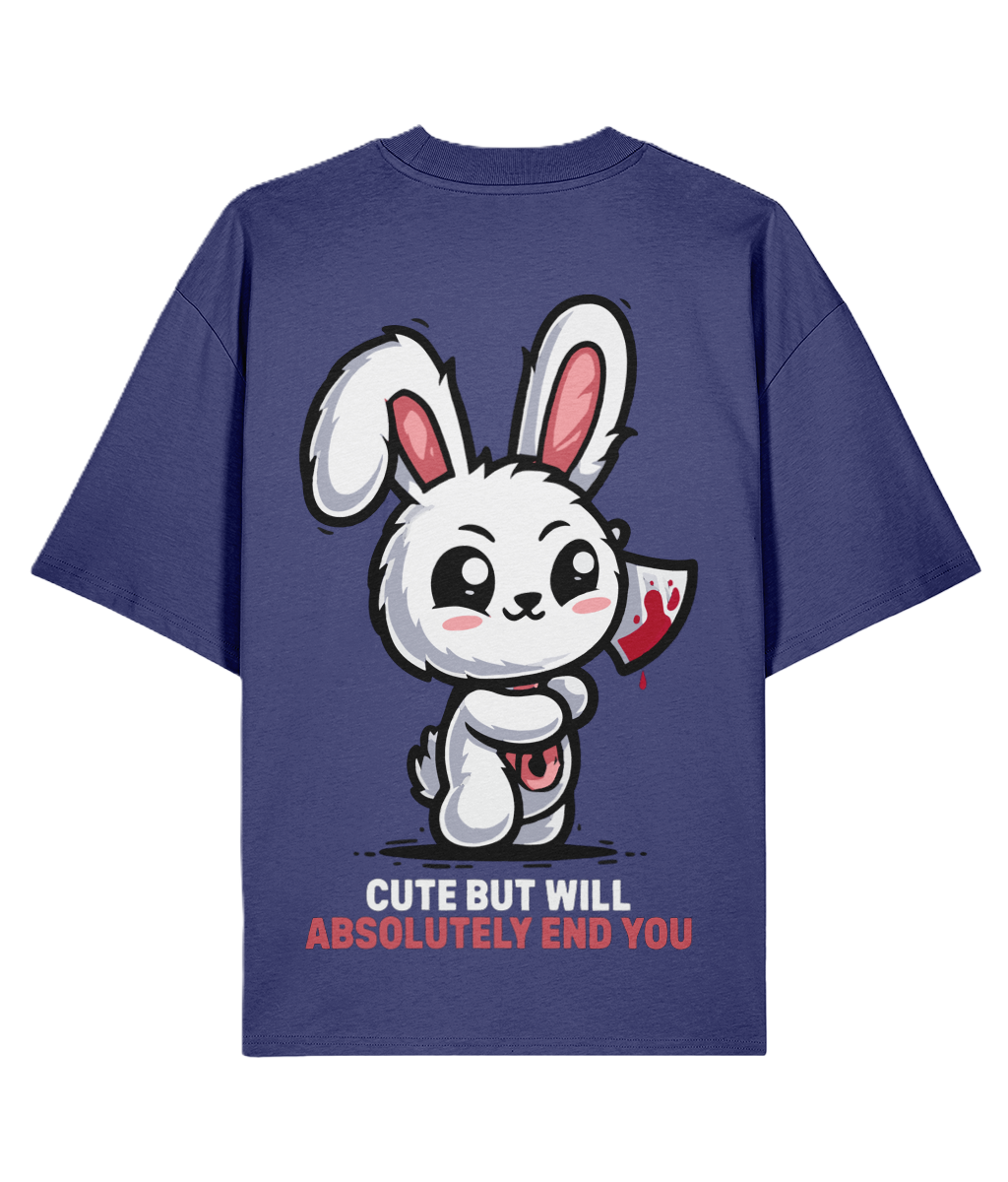 Dusk blue back print graphic t-shirt with a cartoon rabbit holding a knife on the back