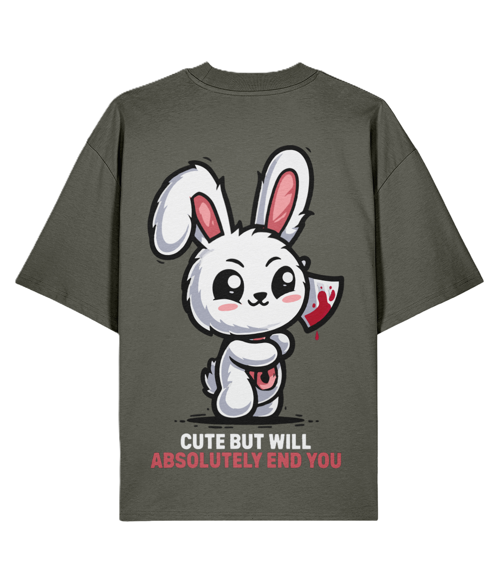 Khaki oversized t-shirt with a cartoon rabbit holding a knife.