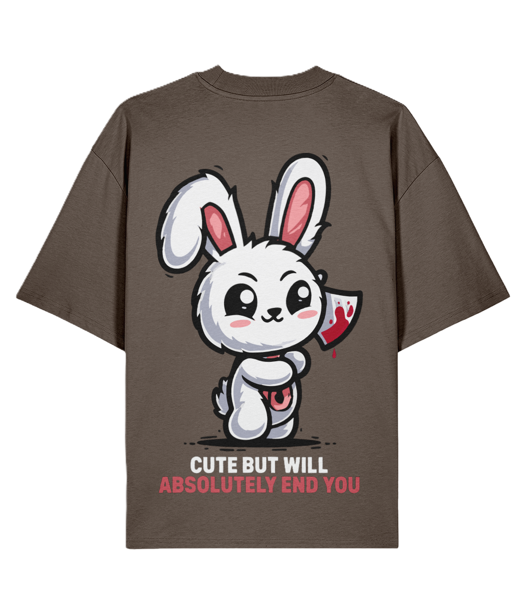 Brown large graphic t-shirt with a cartoon rabbit design and Slogan "Cute but will absolutely end you"