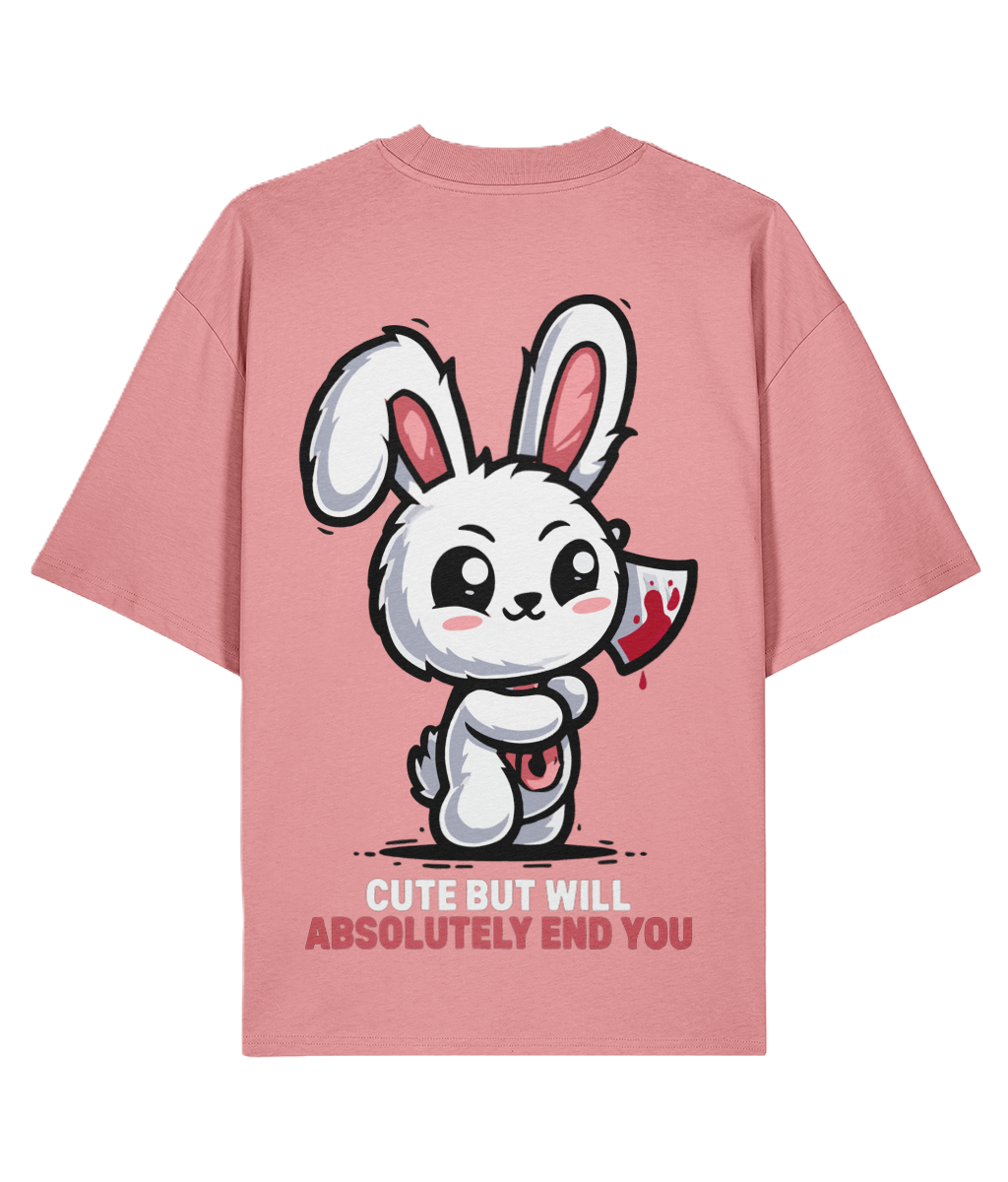 Pink large back print t-shirt with a cartoon rabbit holding a knife and slogan