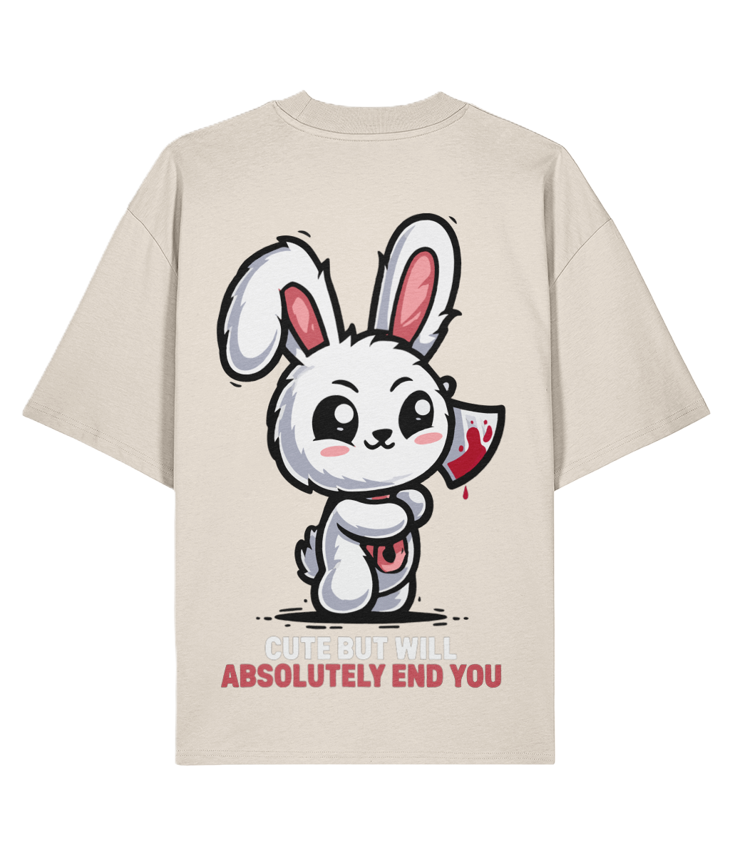 Natural Raw Graphic back t-shirt with a cartoon rabbit holding a knife and text on the back