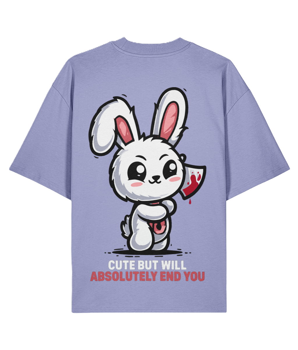 Purple t-shirt with a cartoon rabbit holding a knife and text on a white background