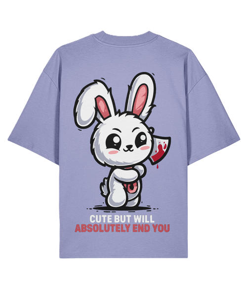 Purple t-shirt with a cartoon rabbit holding a knife and text on a white background