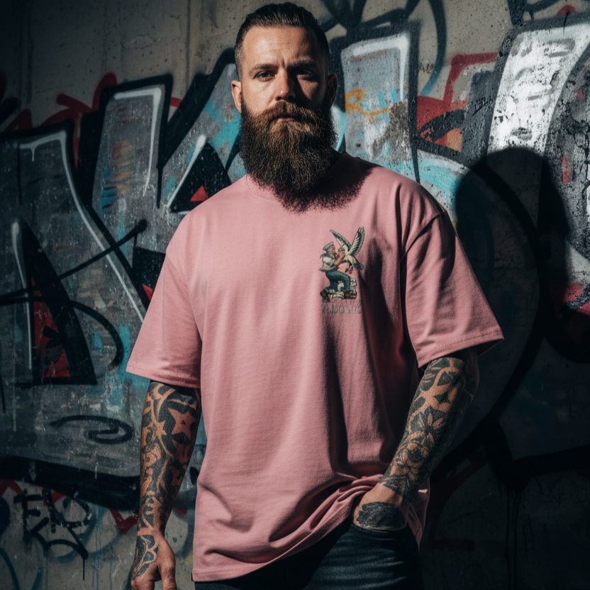 Man with tattoos wearing a pink t-shirt with a graphic design, standing against a graffiti-covered wall.