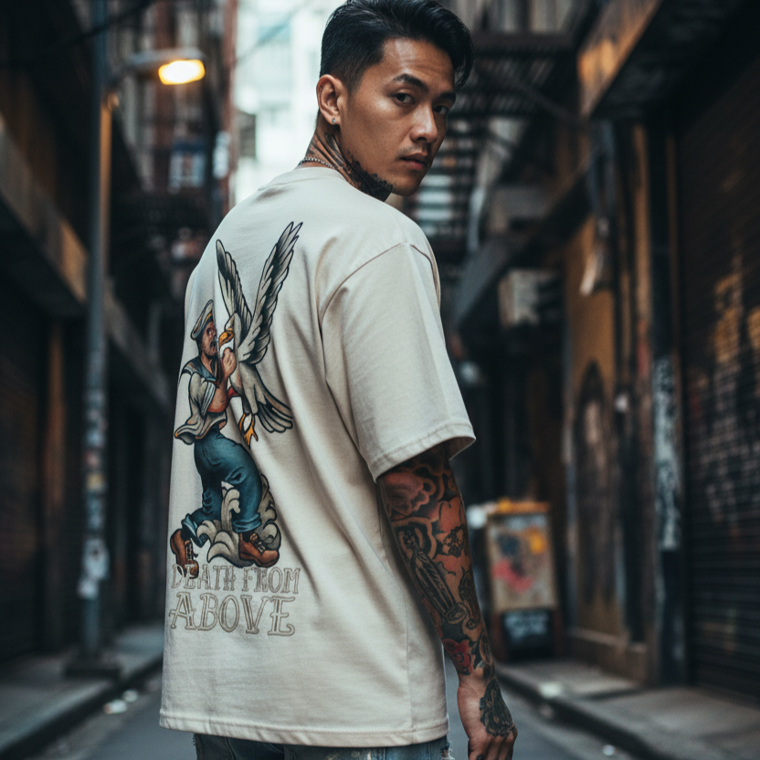 Man wearing a cream t-shirt with a graphic design and text, standing in an urban alleyway.