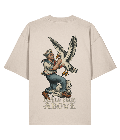 Beige t-shirt with a graphic design of a sailor and seagull on the back, text 'Death from Above' below.
