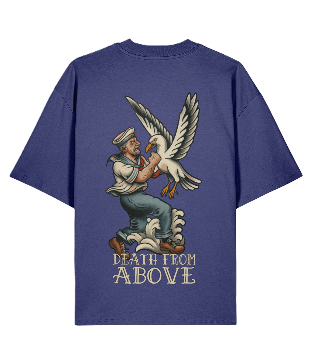Blue t-shirt with a graphic design of a sailor and dove on the back, labeled 'Death from Above'.