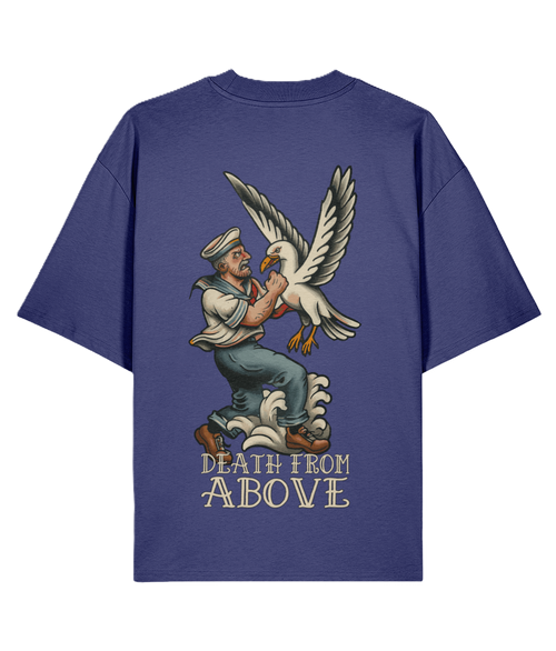 Blue t-shirt with a graphic design of a sailor and dove on the back, labeled 'Death from Above'.