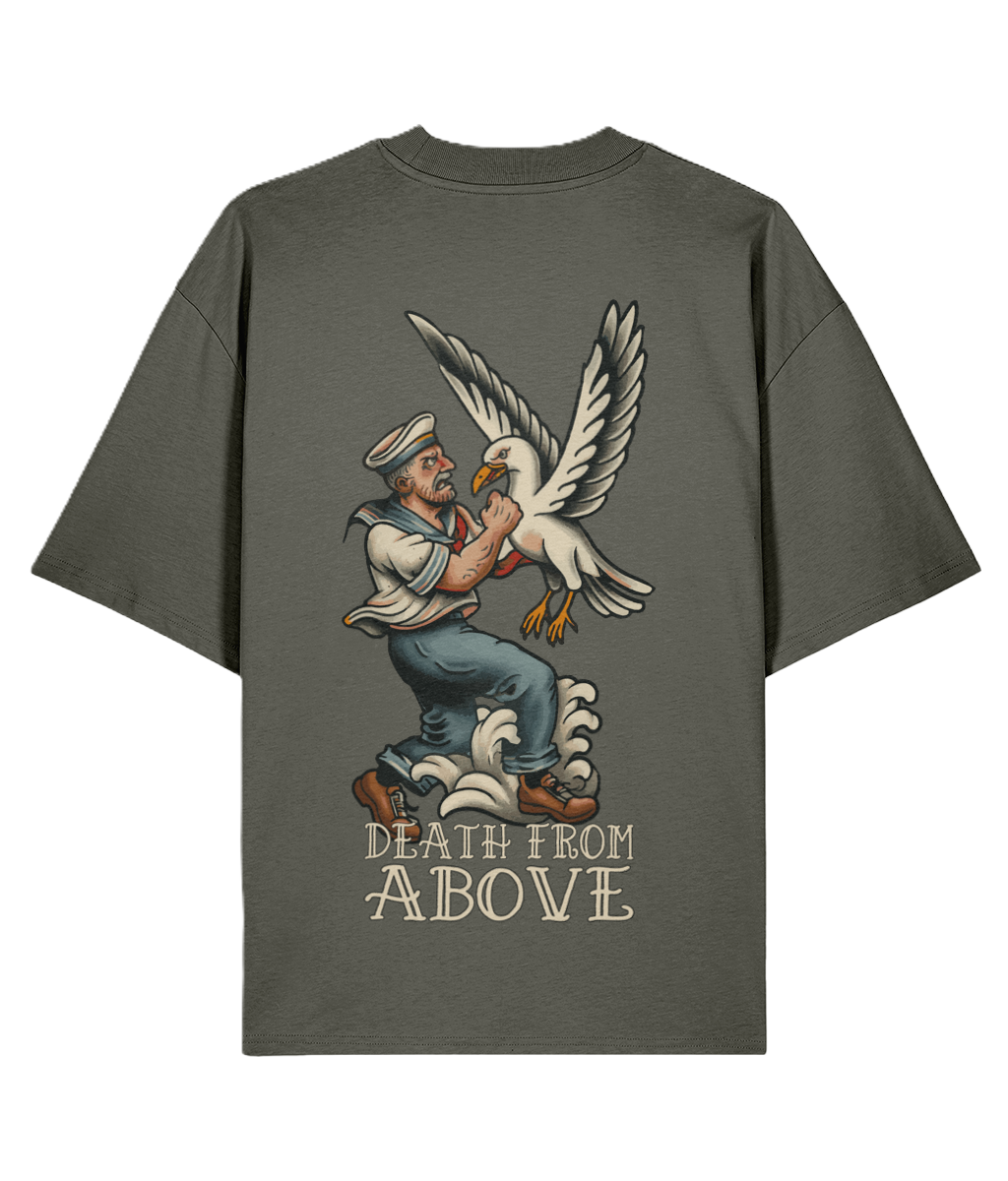 Khaki t-shirt with a graphic tattoo design of a sailor and a seagull on the back, with slogan 'Death from Above'.