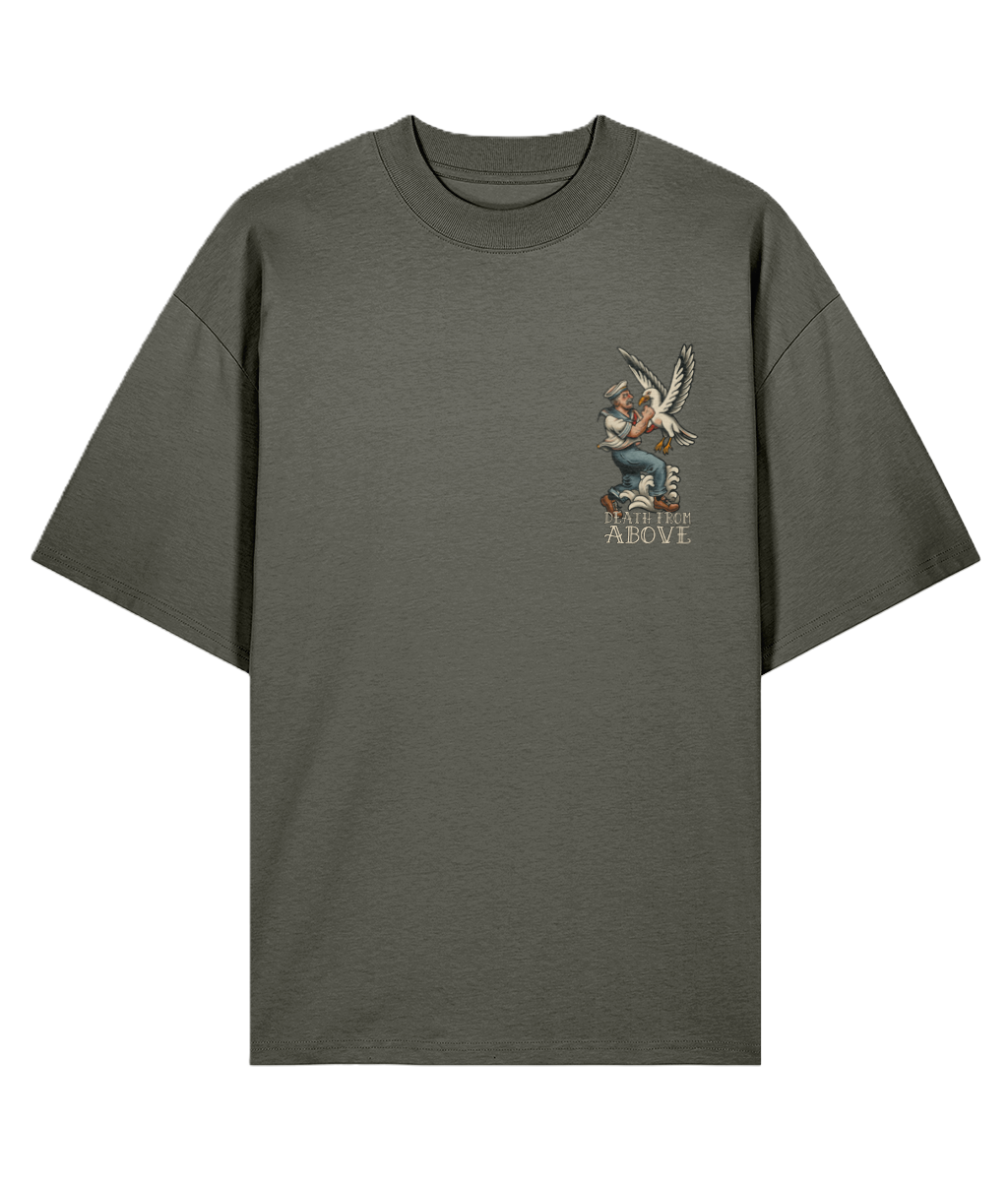 Khaki t-shirt with a graphic seagull tattoo design