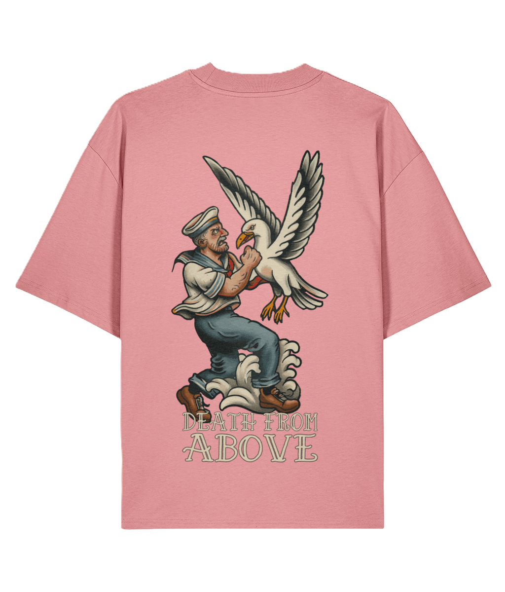 Pink t-shirt with a tattoo graphic design of a sailor and seagull 