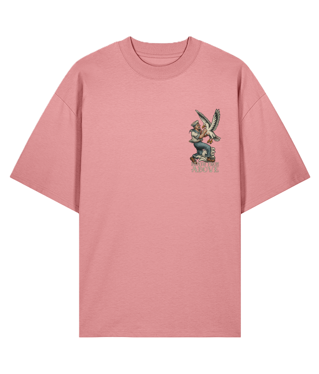 Pink t-shirt with a graphic seagull tattoo design on the chest 