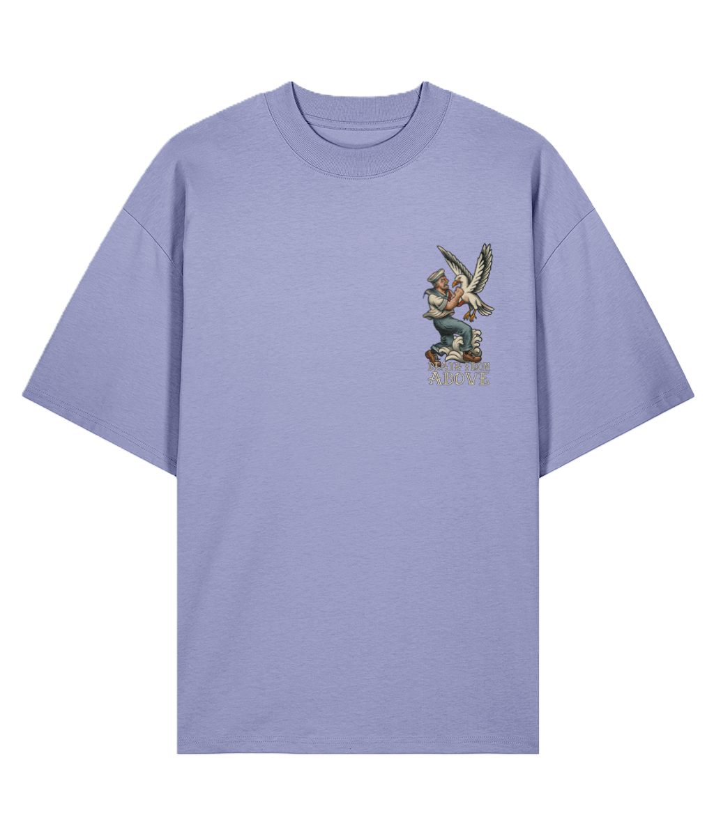 Light purple t-shirt with a seagull and sailor tattoo graphic design on the chest 