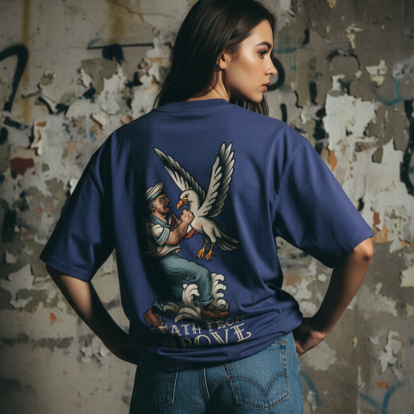 Woman wearing a blue t-shirt with a tattoo graphic design on the back against a textured wall.