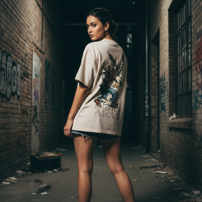 Woman wearing a graphic backprint tattoo t-shirt in an alleyway with graffiti.