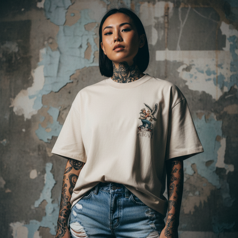 Woman wearing a cream t-shirt with a tattoo graphic design against a textured wall.