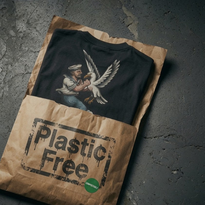 Black t-shirt with graphic design on a brown paper bag labeled 'Plastic Free' against a dark textured background.