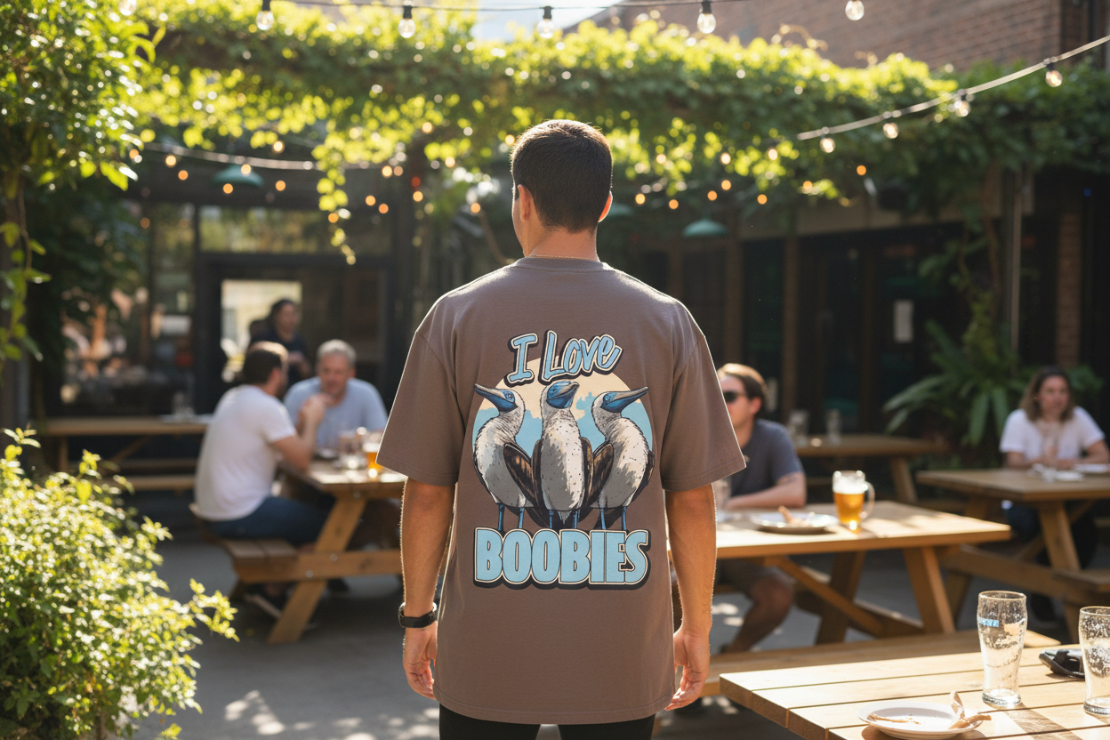 A man stands outdoors wearing a backprint shirt that says "I Love Boobies" with illustrations of birds. People are seated at picnic tables in the background.