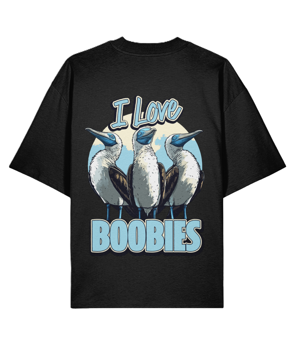 Black oversized back print graphic t-shirt with graphic of three birds and 'I Love Boobies' text