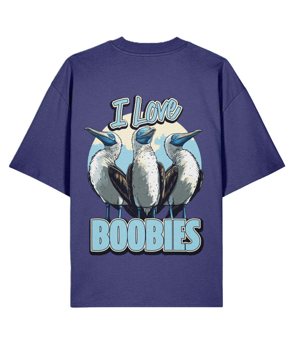 Blue oversized back print t-shirt with bird graphic and text 'I Love Boobies'