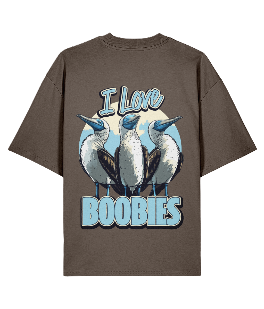 Mocha oversized backprint t-shirt with graphic of three boobies and the funny slogan 'I Love Boobies'