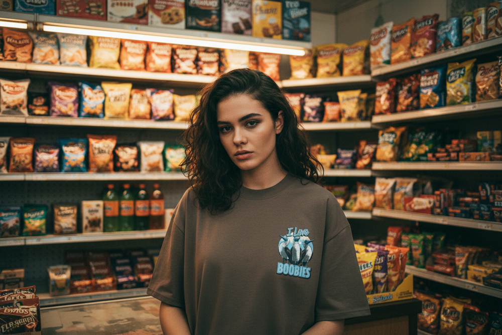 Woman standing in a grocery store aisle with snacks on shelves