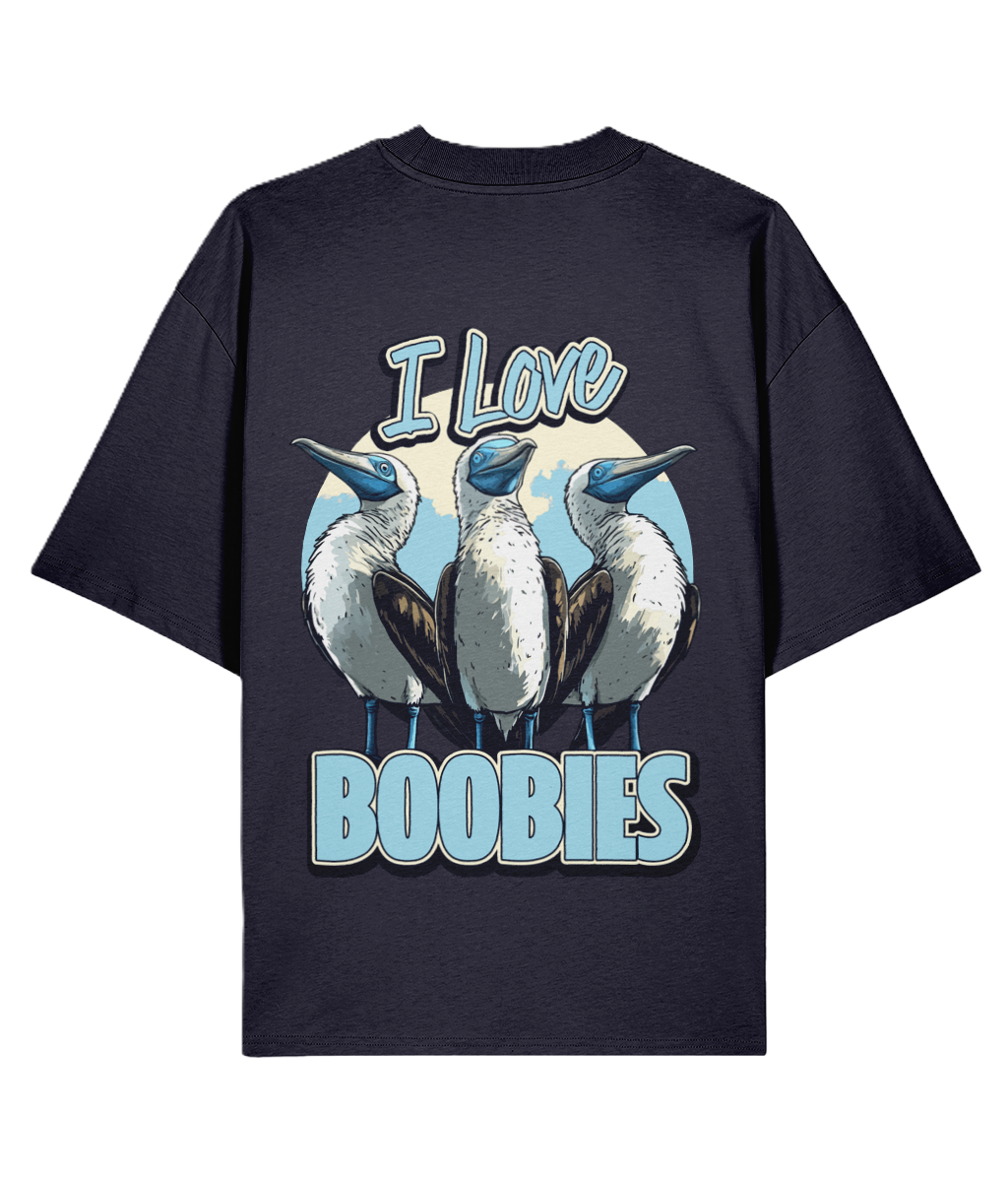 Navy oversized graphic t-shirt with graphic of three birds and 'I Love Boobies' slogan