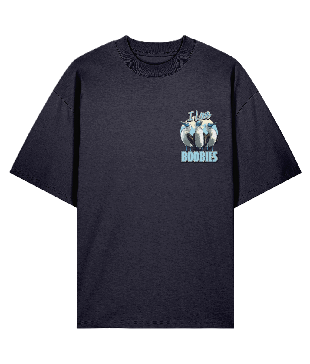 Navy oversized t-shirt with graphic design and text 