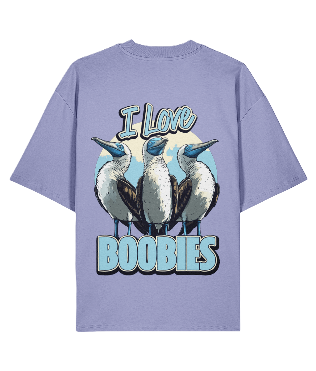 Violet oversized graphic back print t-shirt with a graphic of three blue footed boobie birds and funny slogan