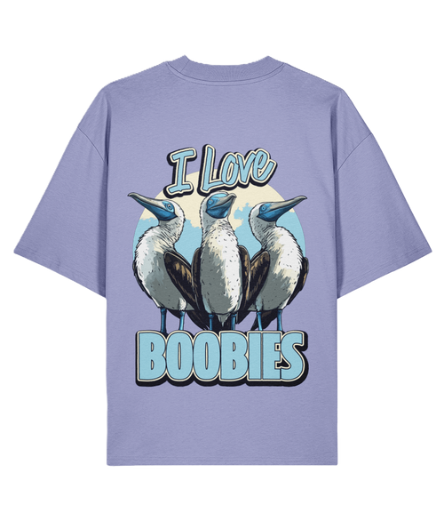 Violet oversized graphic back print t-shirt with a graphic of three blue footed boobie birds and funny slogan