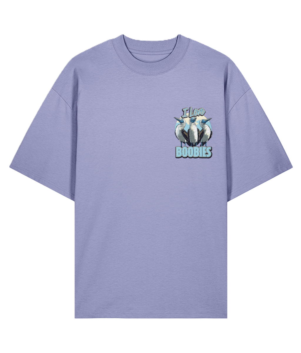 a violet oversized graphic t-shirt with a boobie design