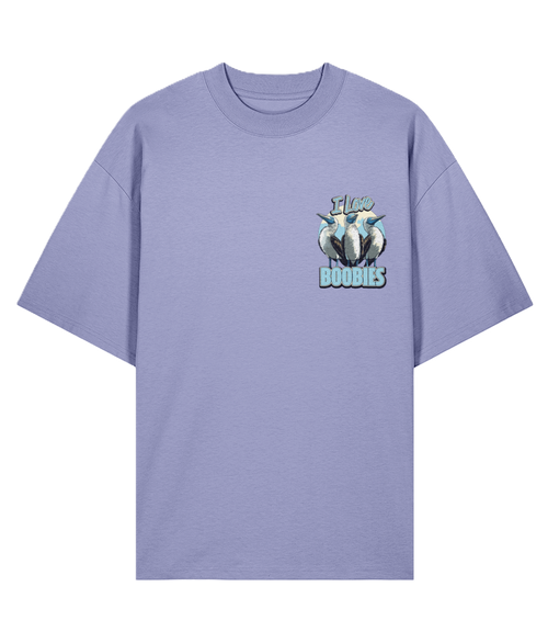 a violet oversized graphic t-shirt with a boobie design