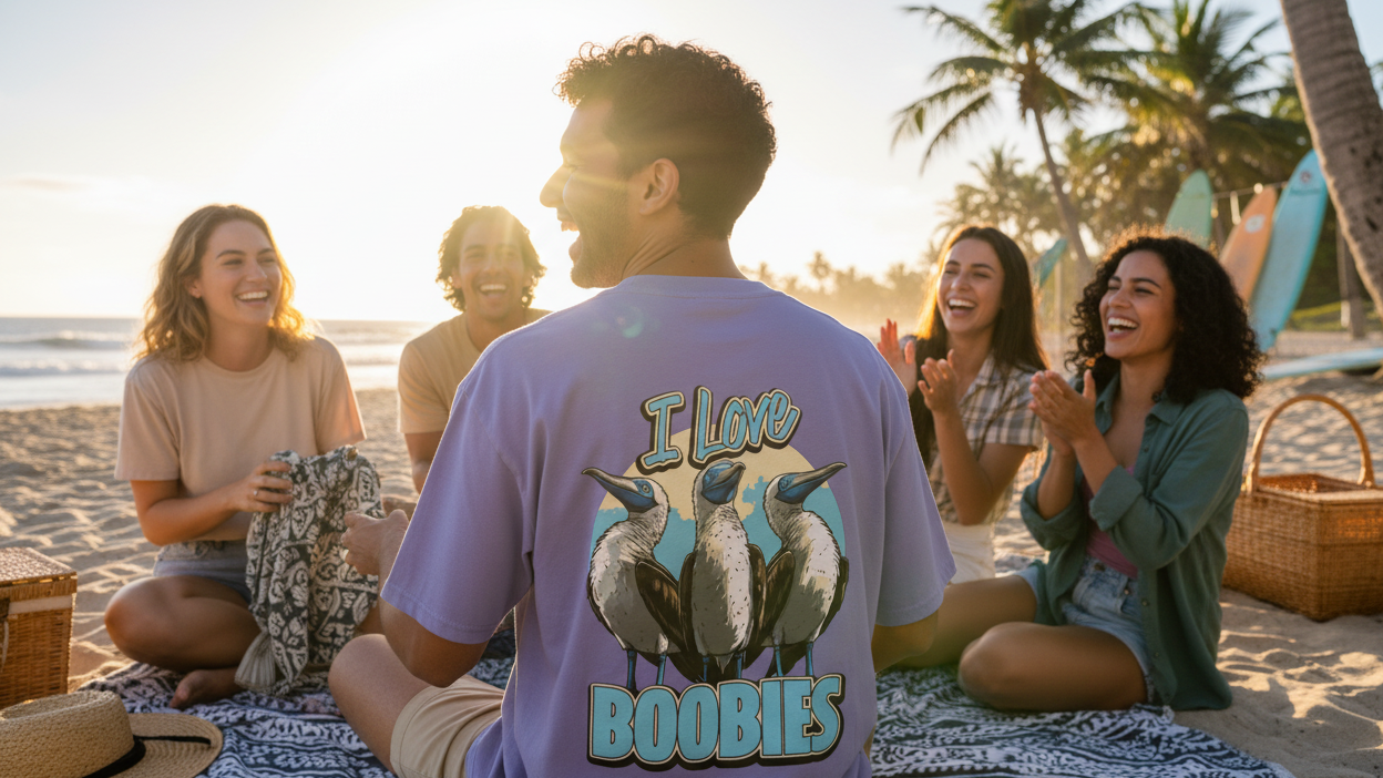 Group of friends sitting on a beach,  a man wearing a graphic t-shirt with "I Love Boobies" Slogan, enjoying each other's company with palm trees in the background.