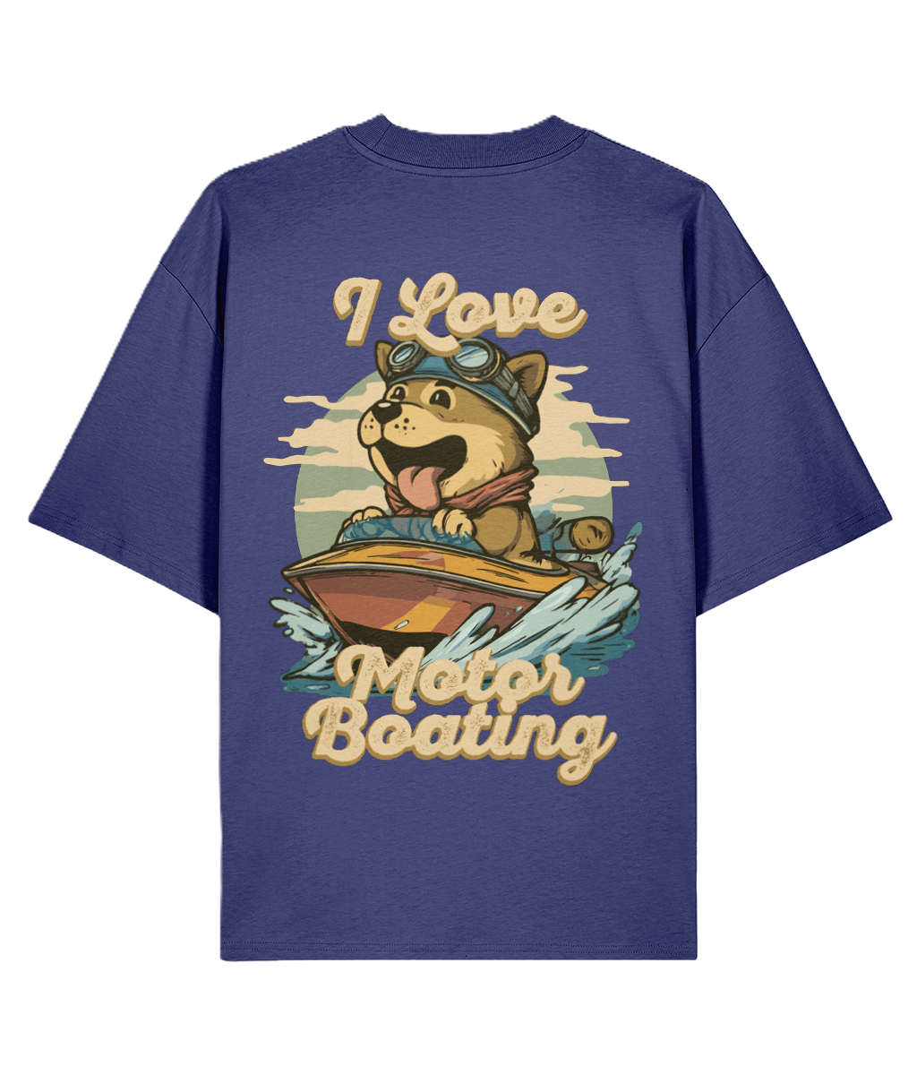 Blue oversized backprint graphic t-shirt with a dog driving a speedboat graphic and 'I Love Motor Boating' text