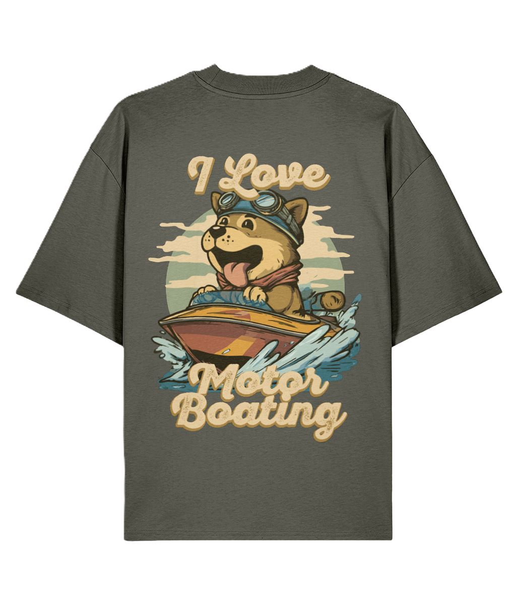 Khaki t-shirt with a dog graphic and 'I Love Motor Boating' text 