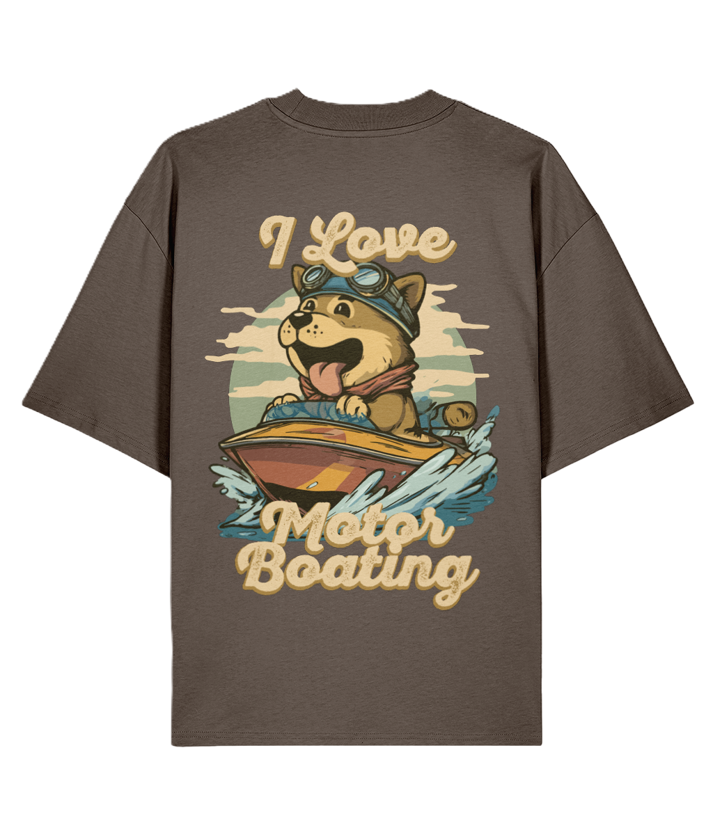 Brown t-shirt with a graphic of a dog on a boat and 'I Love Motor Boating' text on a white background
