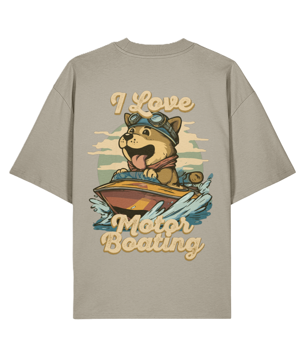 Beige oversized backprint t-shirt with a graphic of a dog motorboating and text 'I Love Motor Boating'