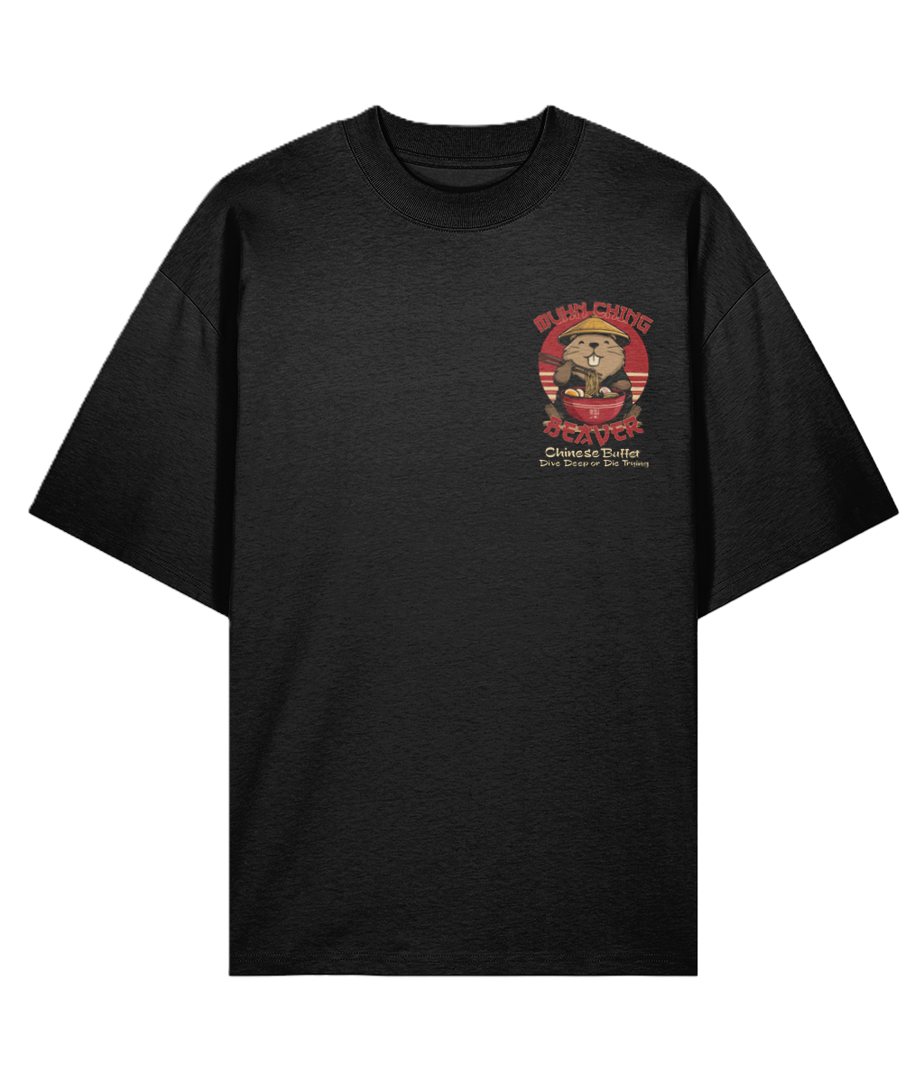 Black oversized graphic t-shirt with a carton beaver and a funny slogan