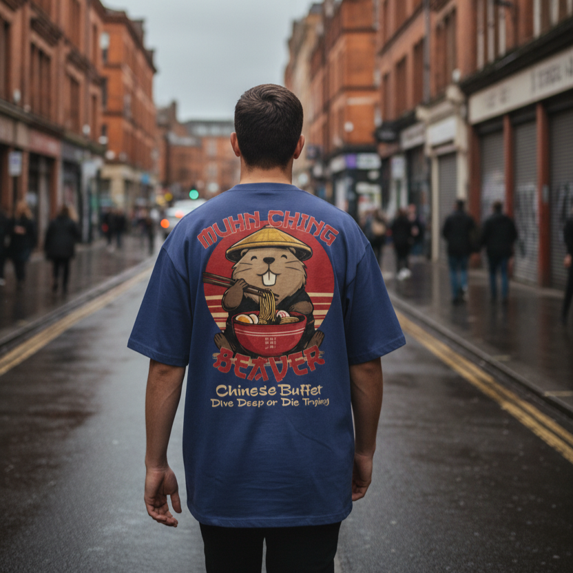 Person wearing a blue oevrsized graphic backprint t-shirt with a graphic design of a beaver and text on a city street.