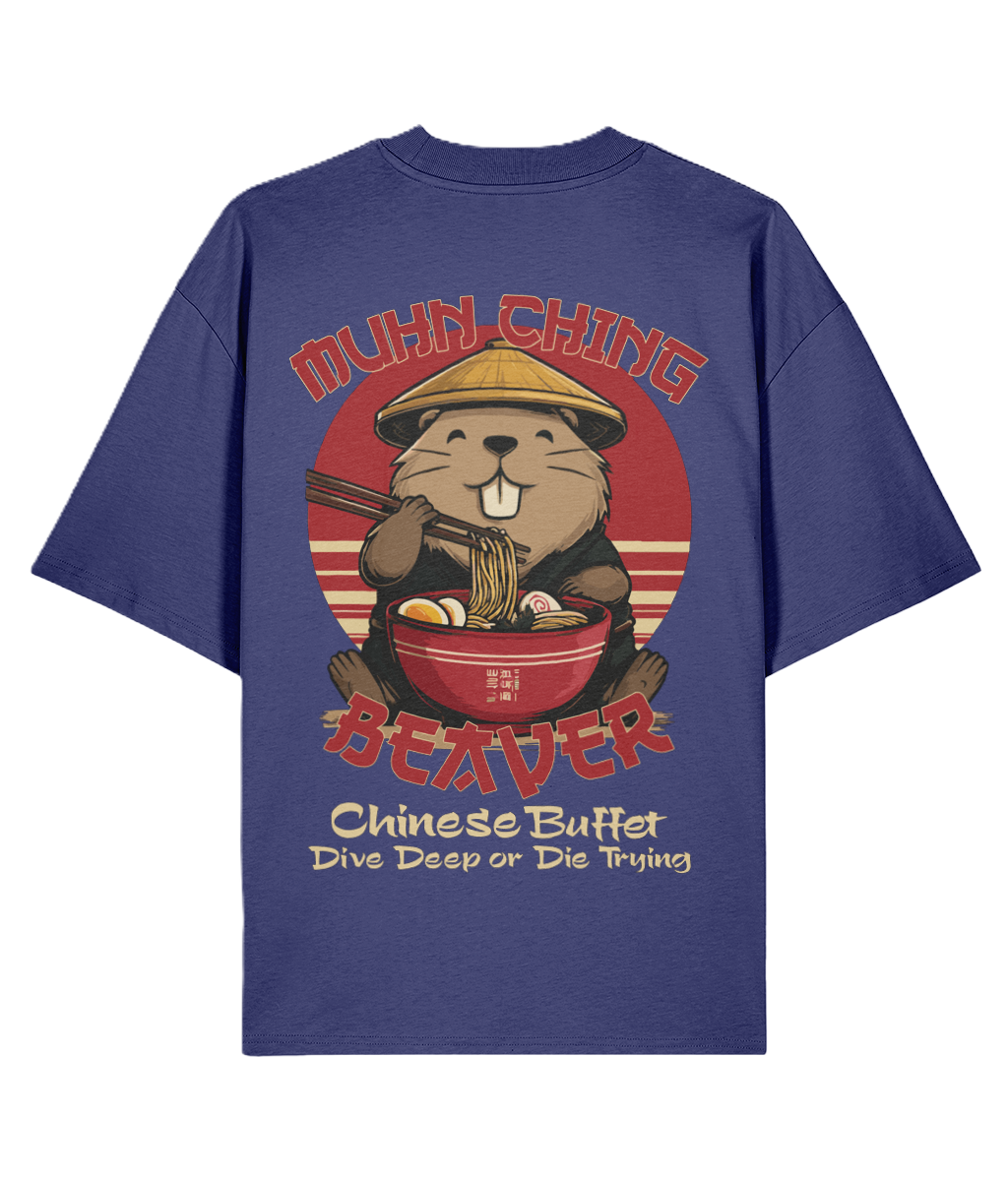 Blue oversized graphic backprint t-shirt with a graphic of a beaver eating Chinese food and Muhn Ching Beaver funny slogan
