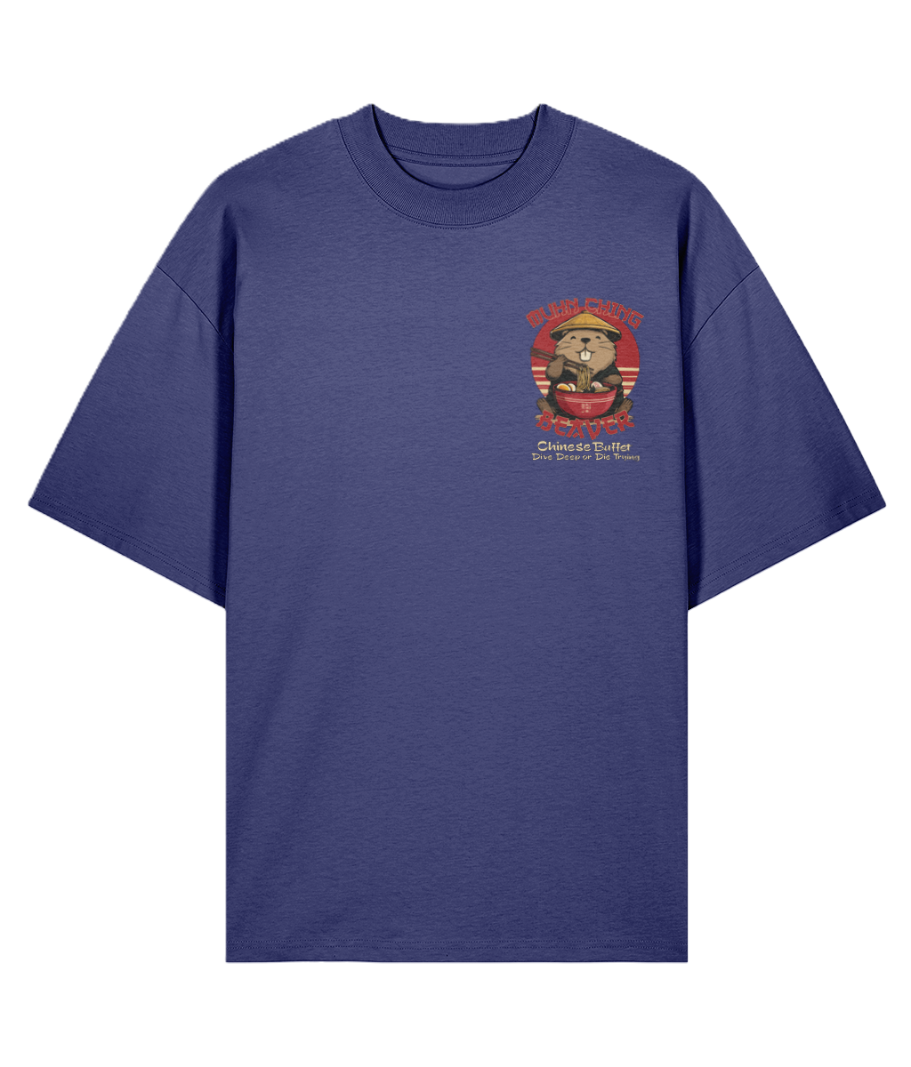 Blue oversized graphic t-shirt with a cartoon Beaver design and text "Muhn Ching Beaver"