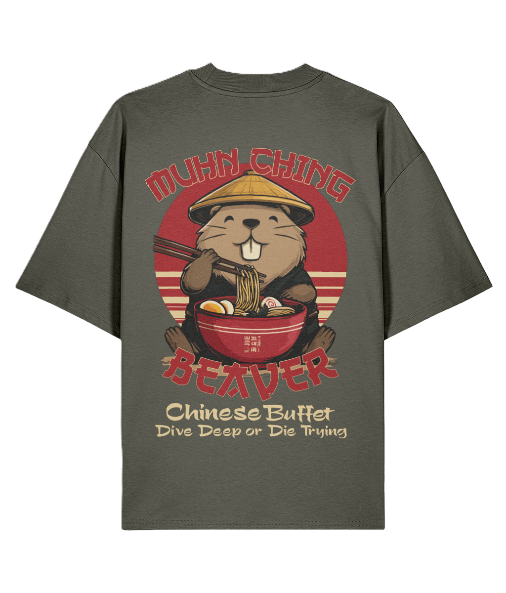 Khaki oversized backprint graphic t-shirt with a beaver graphic and funny slogan