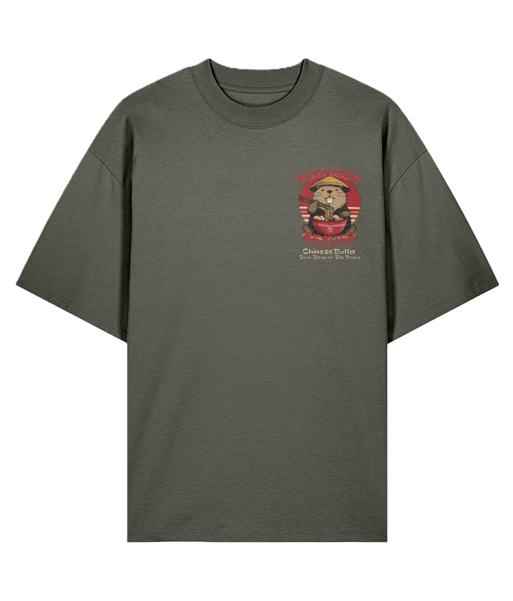 Khaki Oversized Graphic t-shirt with a graphic of a beaver and funny slogan
