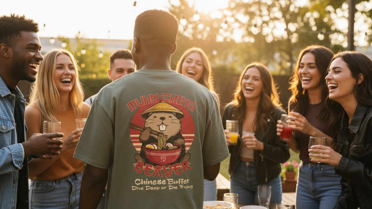 A group of friends laughs and holds drinks at an outdoor gathering. One wears a back print shirt with a playful beaver illustration. The scene is joyful and sunny.