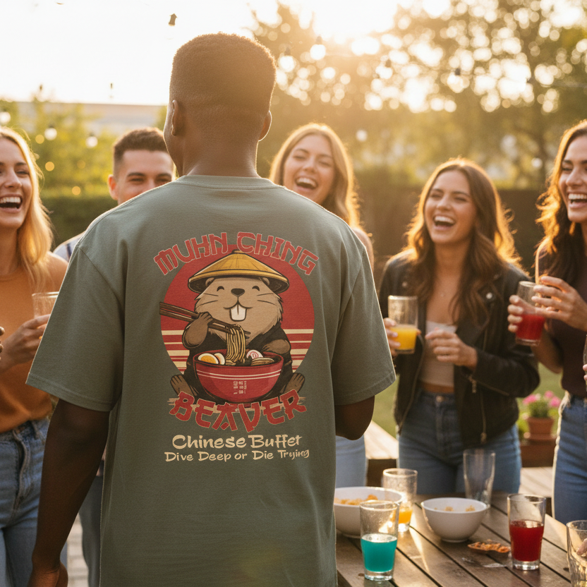A group of friends laughing outdoors, one facing away, wearing a funny graphic back print T-shirt with a cartoon beaver eating noodles. Drinks and snacks are on the table.