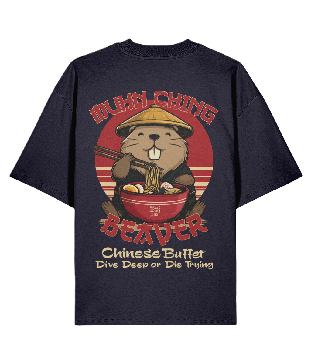 Navy t-shirt with a graphic of a beaver eating Chinese food and funny text