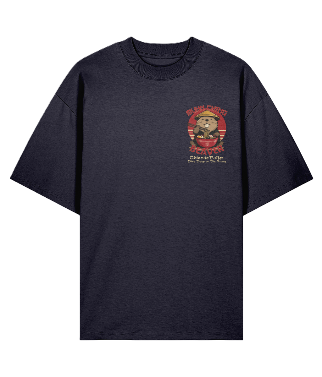 Navy oversized graphic t-shirt with a beaver design and a funny slogan