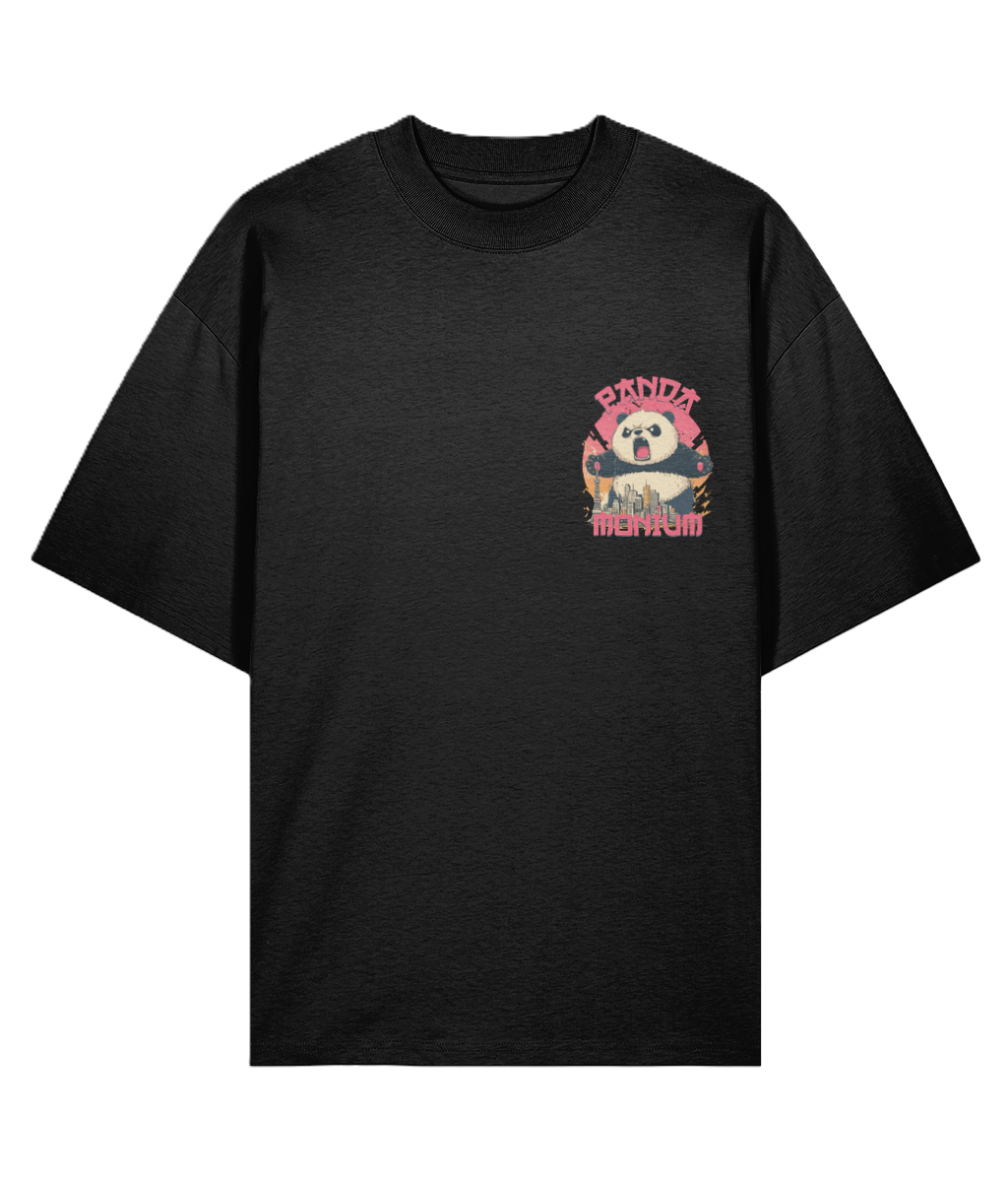 Black oversized graphic t-shirt with a colorful graphic of a panda rampaging through a city